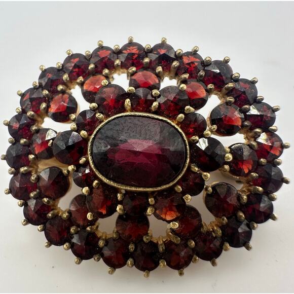 Antique signed solid 9kt gold genuine pyrope bohemian garnets brooch pin 6.39g - Picture 3 of 12